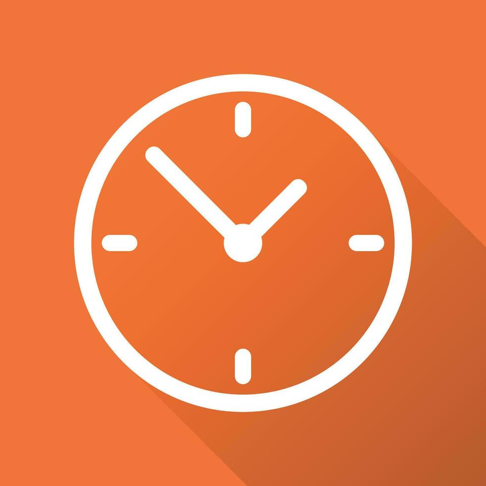 Clock icon, flat design. Vector illustration with long shadow on orange background.