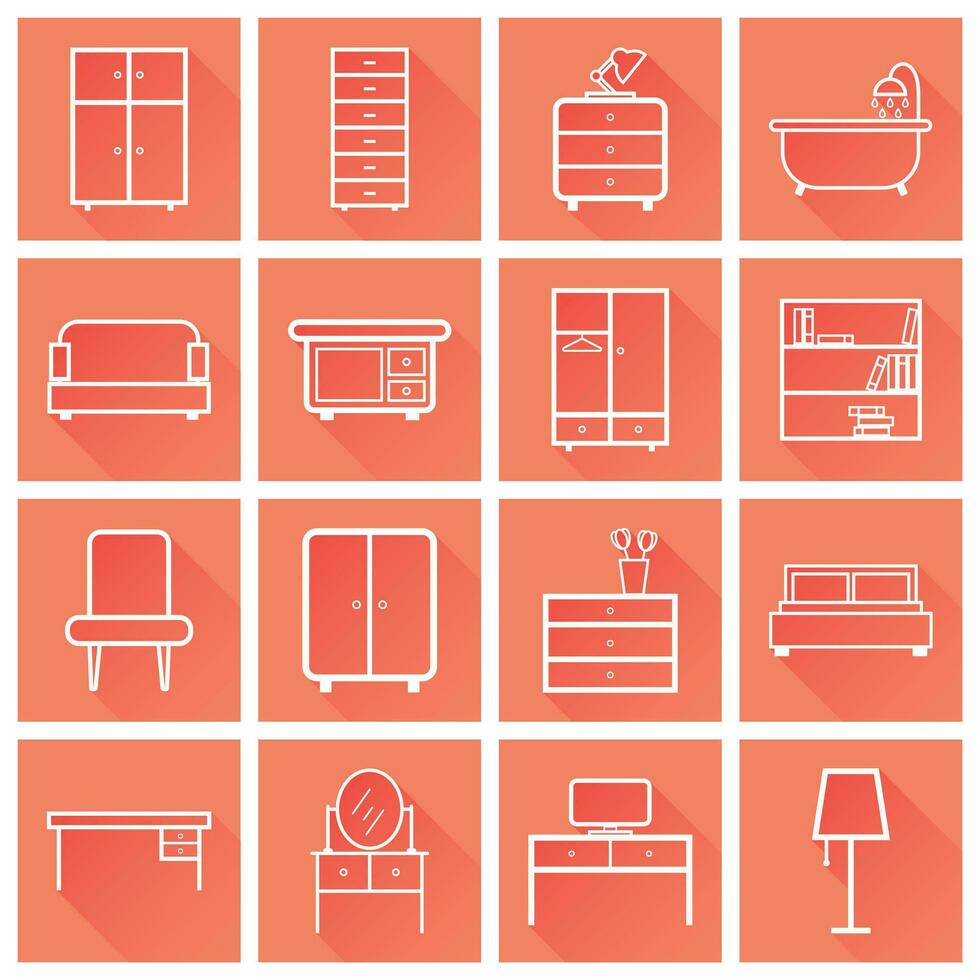 Furniture icons set. Flat vector illustration with long shadow on orange background. Universal icon for web design.