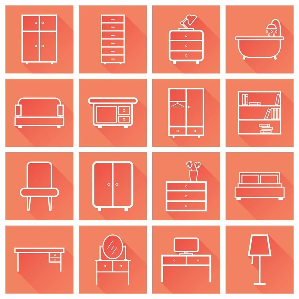 mueble íconos colocar. plano vector ilustración con largo sombra en naranja antecedentes. universal icono para web diseño.