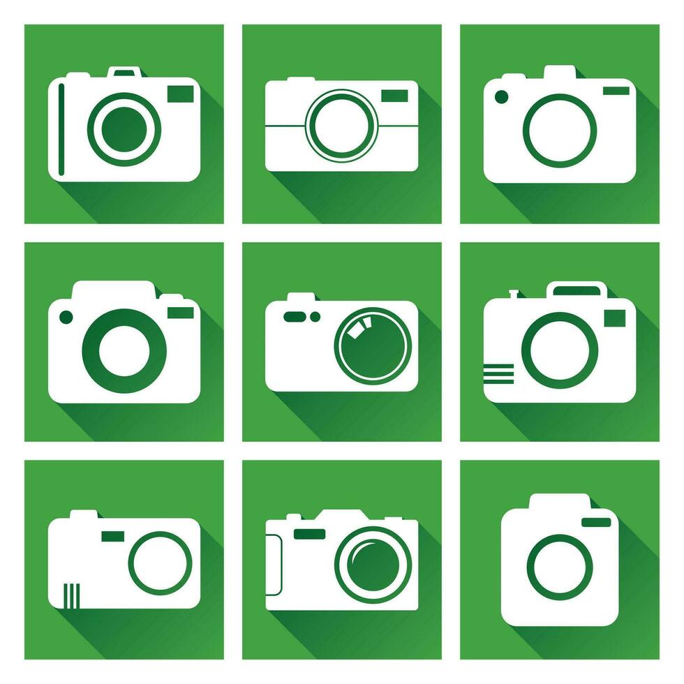 Camera icon set on green background with long shadow. Vector illustration in flat style with photography icons.
