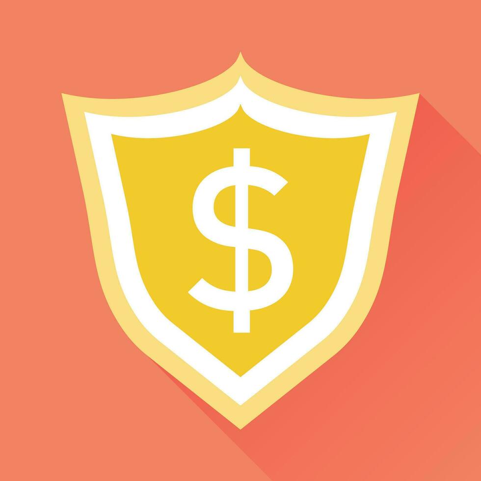 Vector shield with money. Illustration in flat style with dollar on orange background with long shadow.
