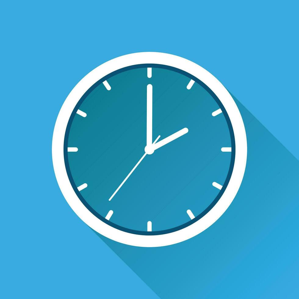 Clock icon, flat design. Vector illustration with long shadow on blue background.