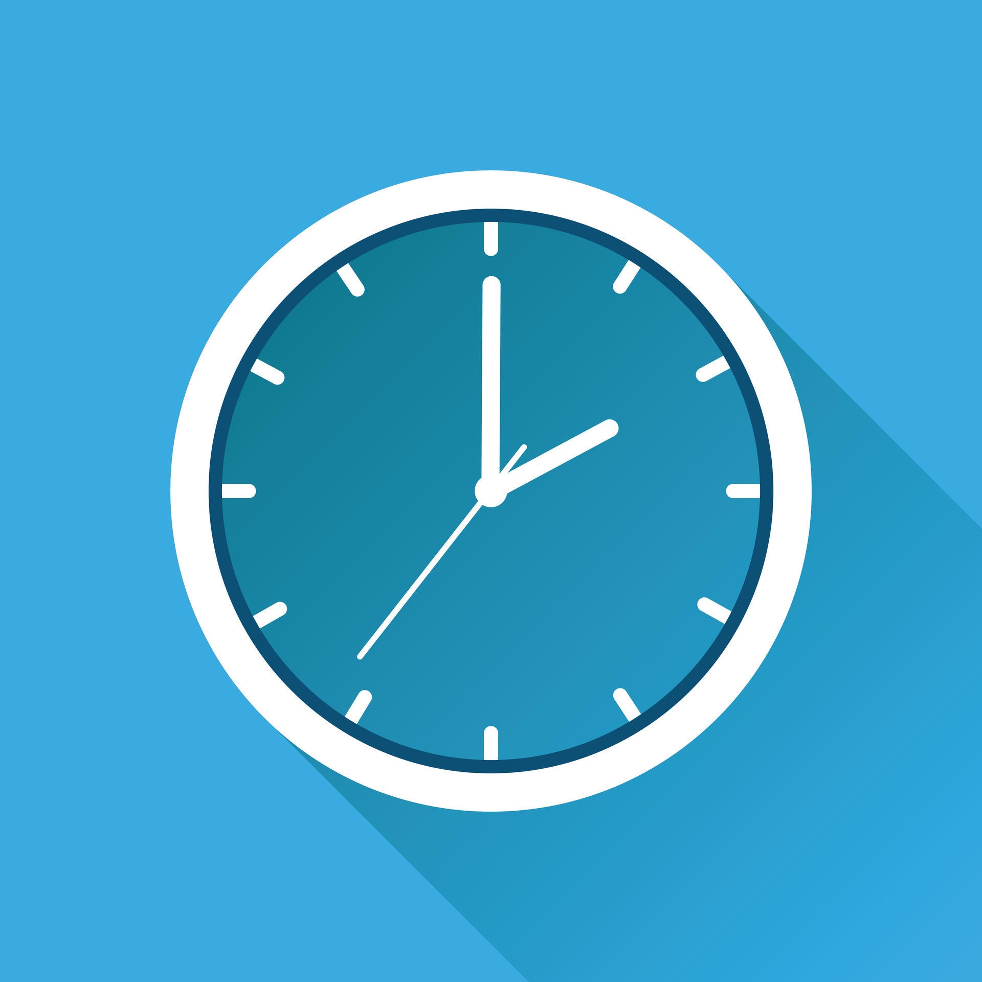 Clock icon, flat design. Vector illustration with long shadow on blue