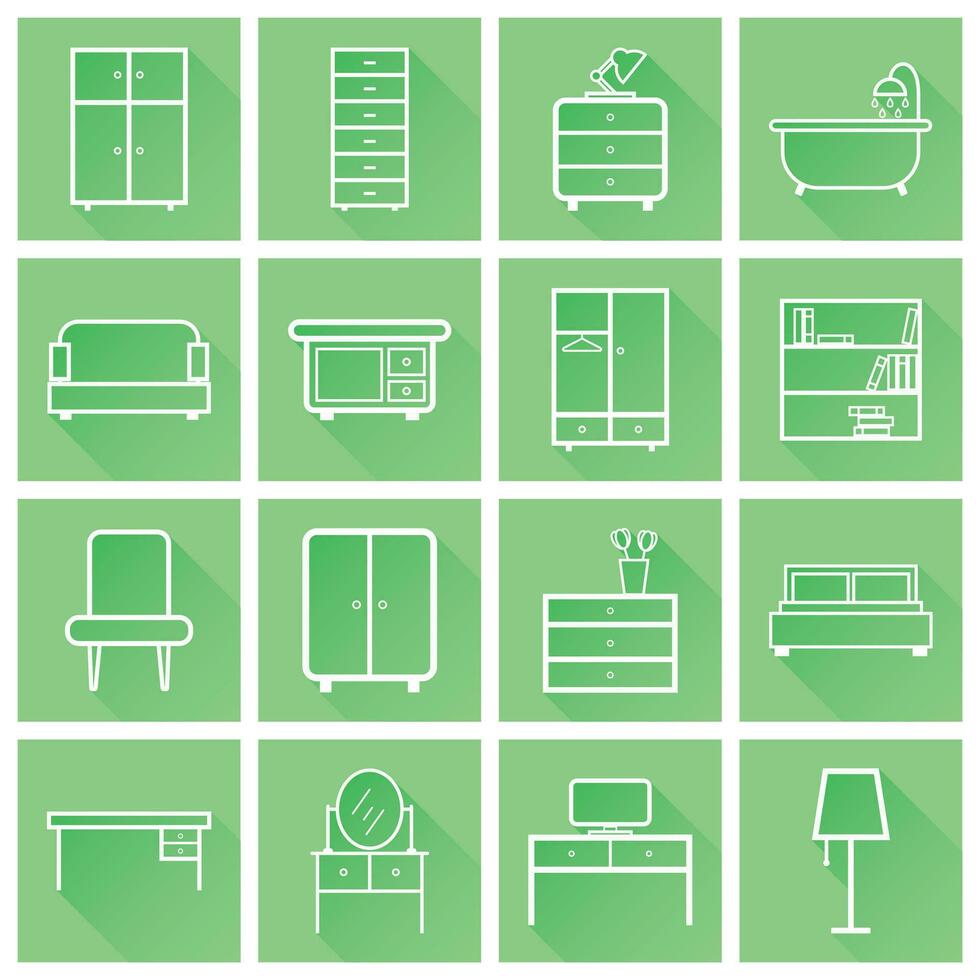 Furniture icons set. Flat vector illustration with long shadow on green background. Universal icon for web design.