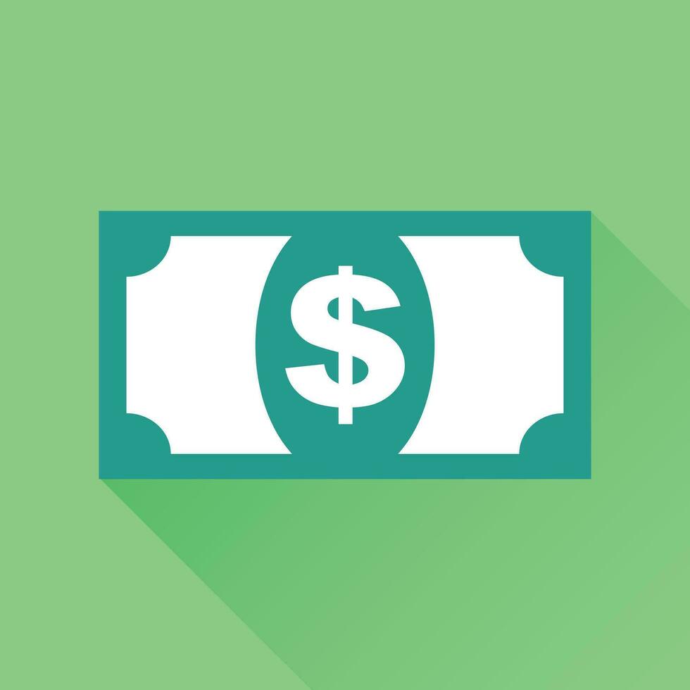 Money icon. Vector illustration in flat style. Dollar with long shadow on green background.