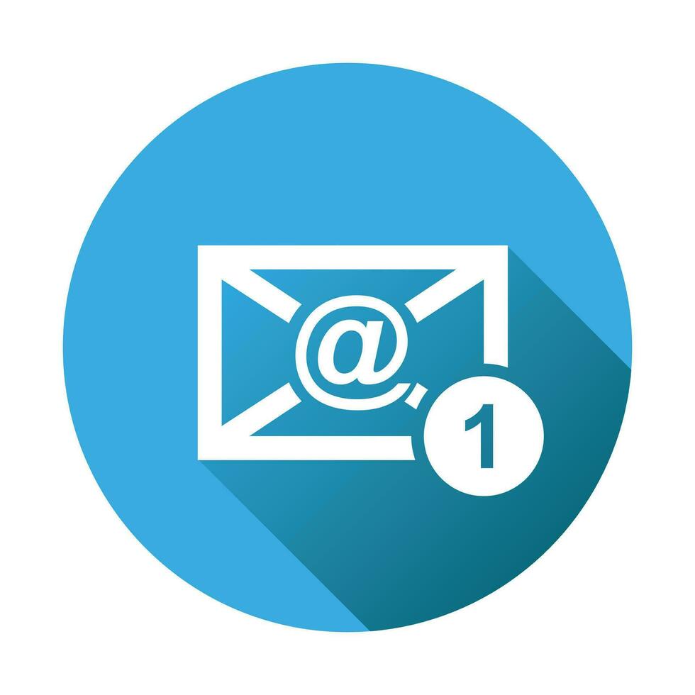 Email envelope message. Vector illustration in flat style on round blue background.