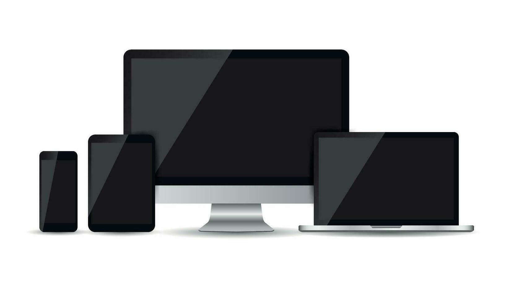 Realistic device flat Icons smartphone, tablet, laptop and desktop computer. Vector illustration