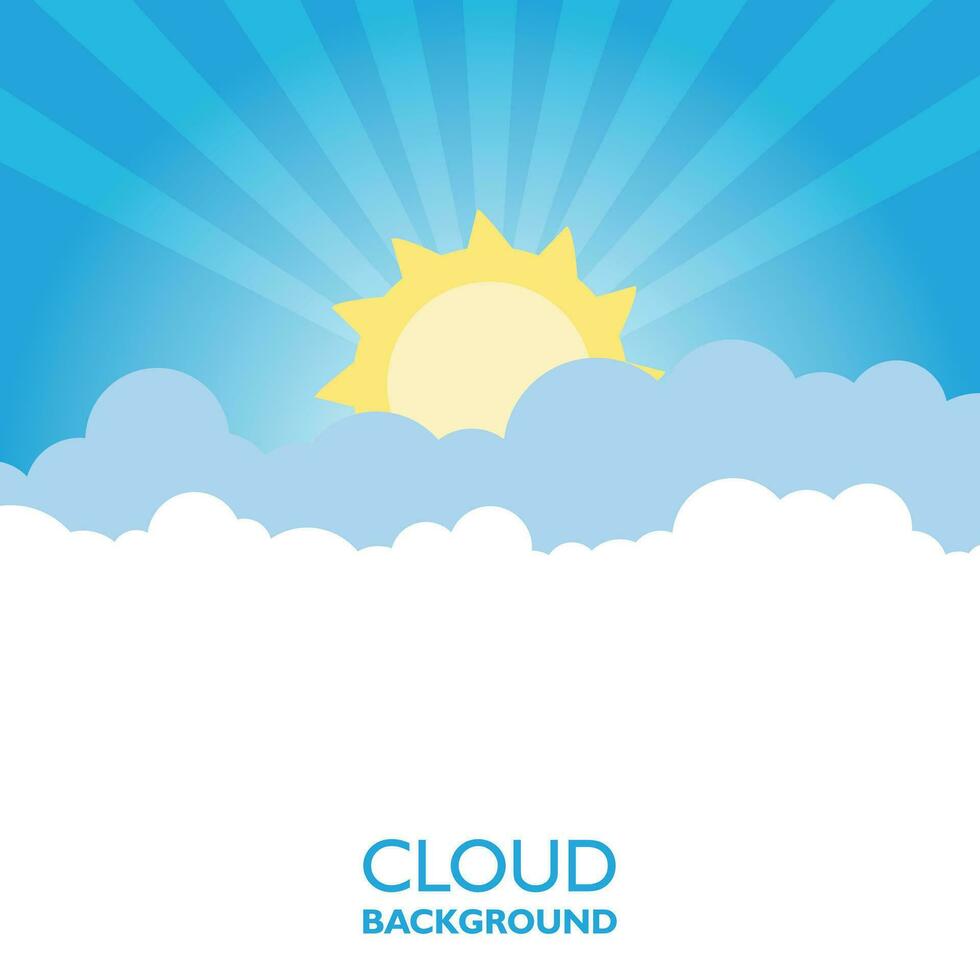 Clouds in the sky with sun rays. Flat vector illustration in cartoon style. Blue colorful background.