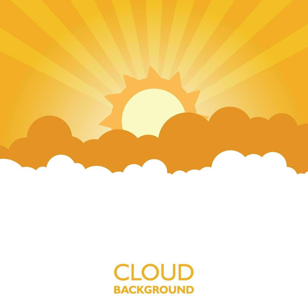 Clouds in the sky with sun rays. Flat vector illustration in cartoon style. Orange colorful background.