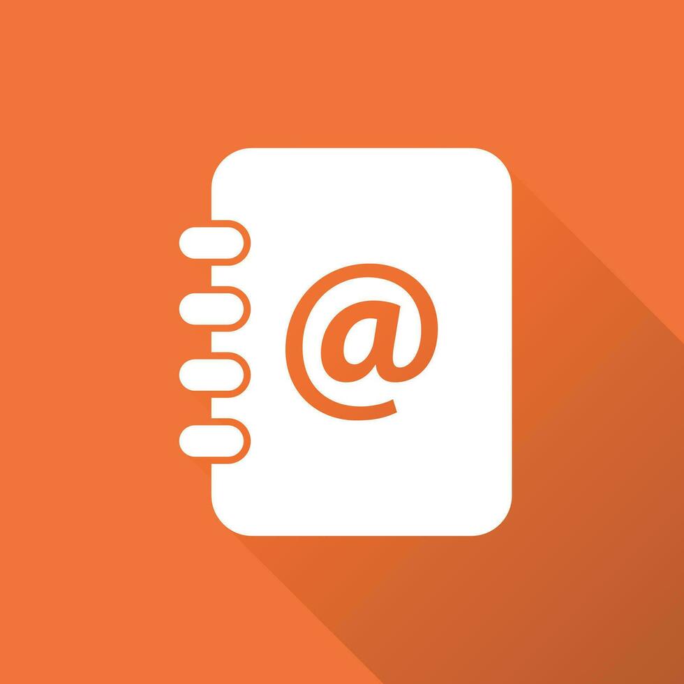 Address book icon with long shadow. Email note flat vector illustration on orange background.