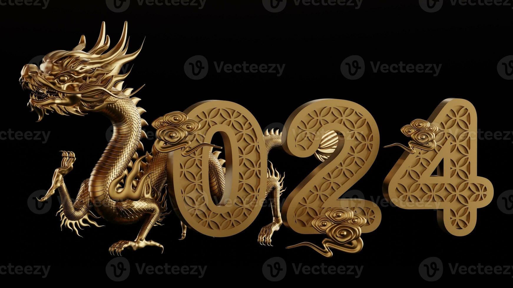 3d rendering illustration for happy chinese new year 2024 the dragon zodiac sign with flower, lantern, asian elements, red and gold on background. photo