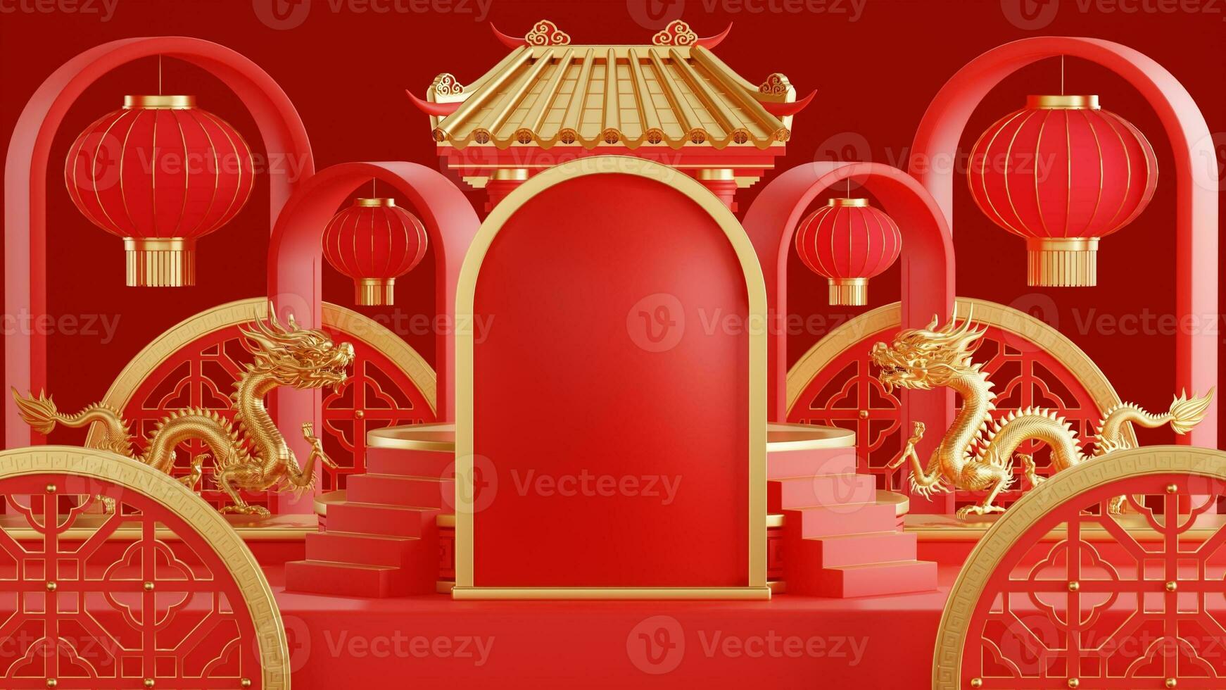 3d rendering illustration of podium round stage podium and paper art chinese new year, chinese festivals, mid autumn festival , red and gold ,flower and asian elements  on background. photo