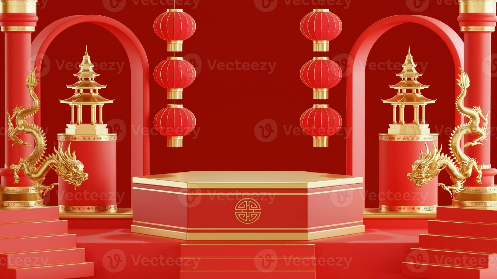 3d rendering illustration of podium round stage podium and paper art chinese new year, chinese festivals, mid autumn festival , red and gold ,flower and asian elements  on background. photo