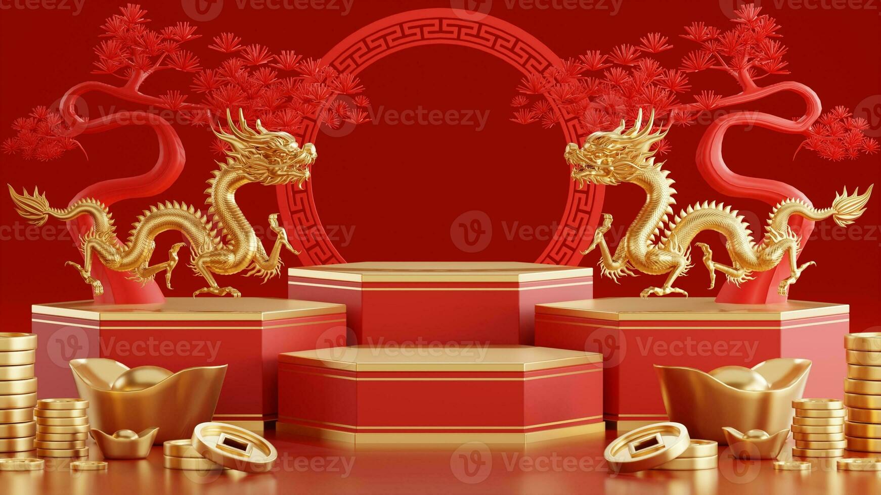 3d rendering illustration of podium round stage podium and paper art chinese new year, chinese festivals, mid autumn festival , red and gold ,flower and asian elements  on background. photo