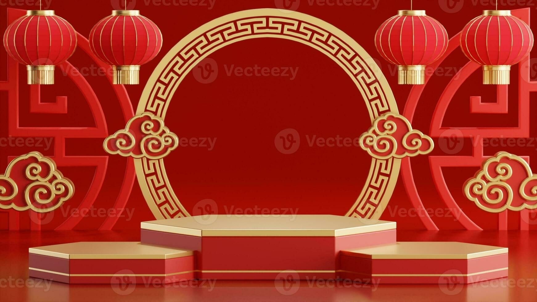 3d rendering illustration of podium round stage podium and paper art chinese new year, chinese festivals, mid autumn festival , red and gold ,flower and asian elements  on background. photo