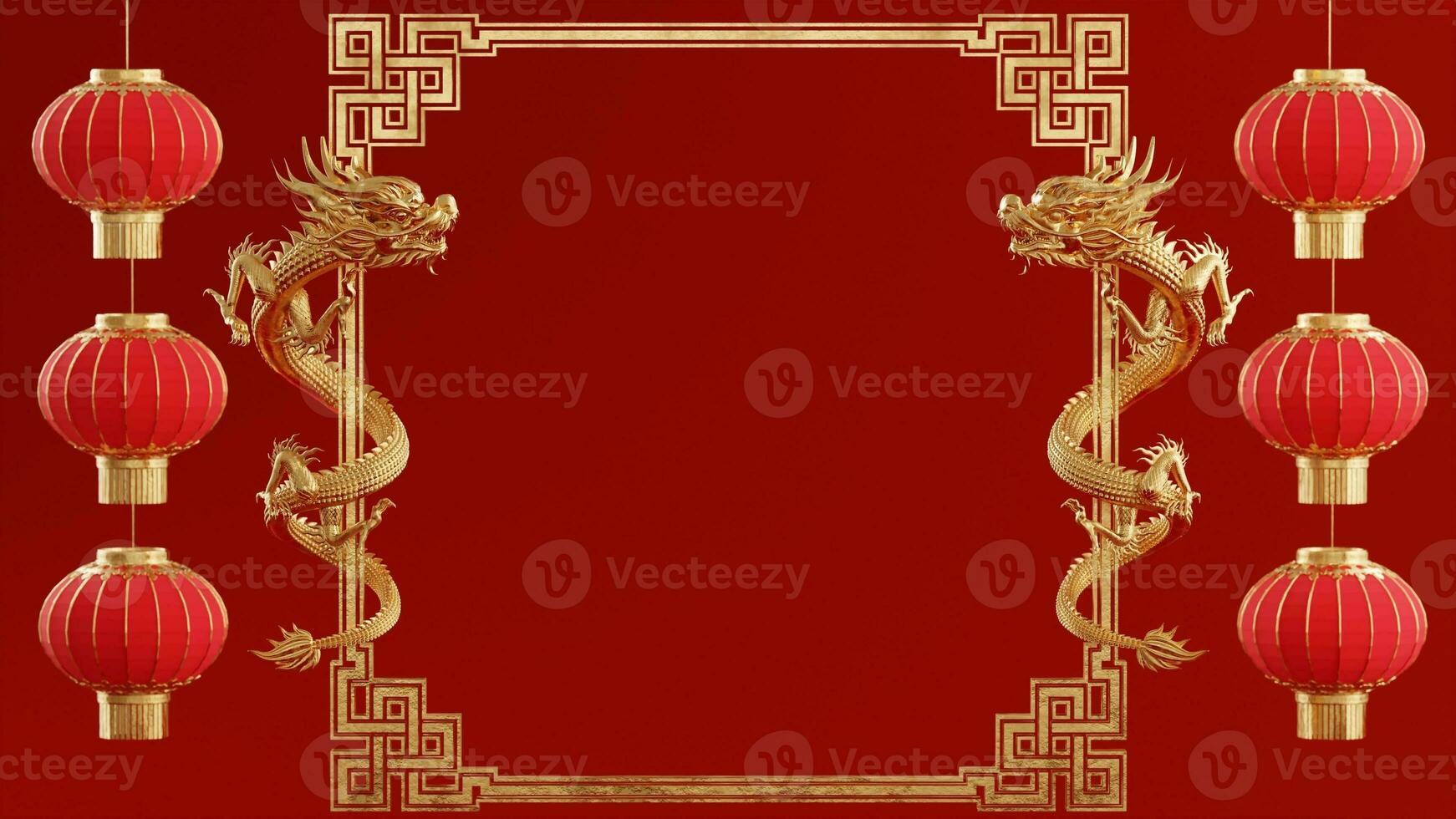 3d rendering illustration background for happy chinese new year 2024 the dragon zodiac sign with red and gold color, flower, lantern, and asian elements. photo