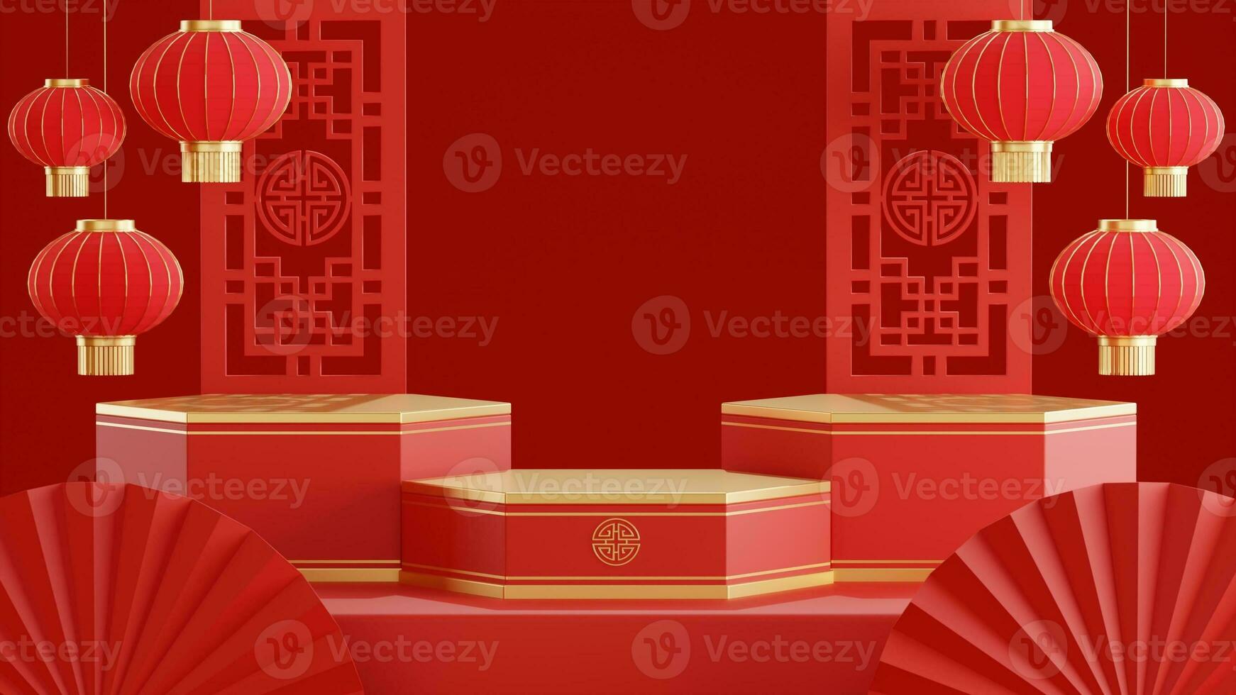 3d rendering illustration of podium round stage podium and paper art chinese new year, chinese festivals, mid autumn festival , red and gold ,flower and asian elements  on background. photo