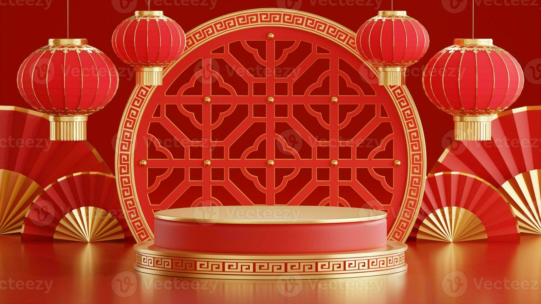 3d rendering illustration of podium round stage podium and paper art chinese new year, chinese festivals, mid autumn festival , red and gold ,flower and asian elements  on background. photo