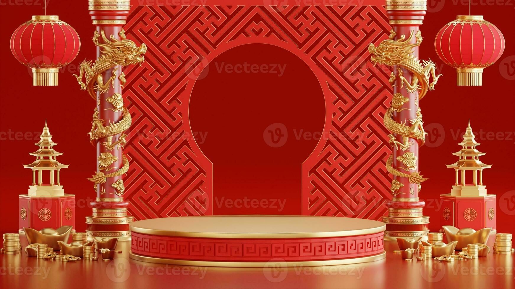 3d rendering illustration of podium round stage podium and paper art chinese new year, chinese festivals, mid autumn festival , red and gold ,flower and asian elements  on background. photo