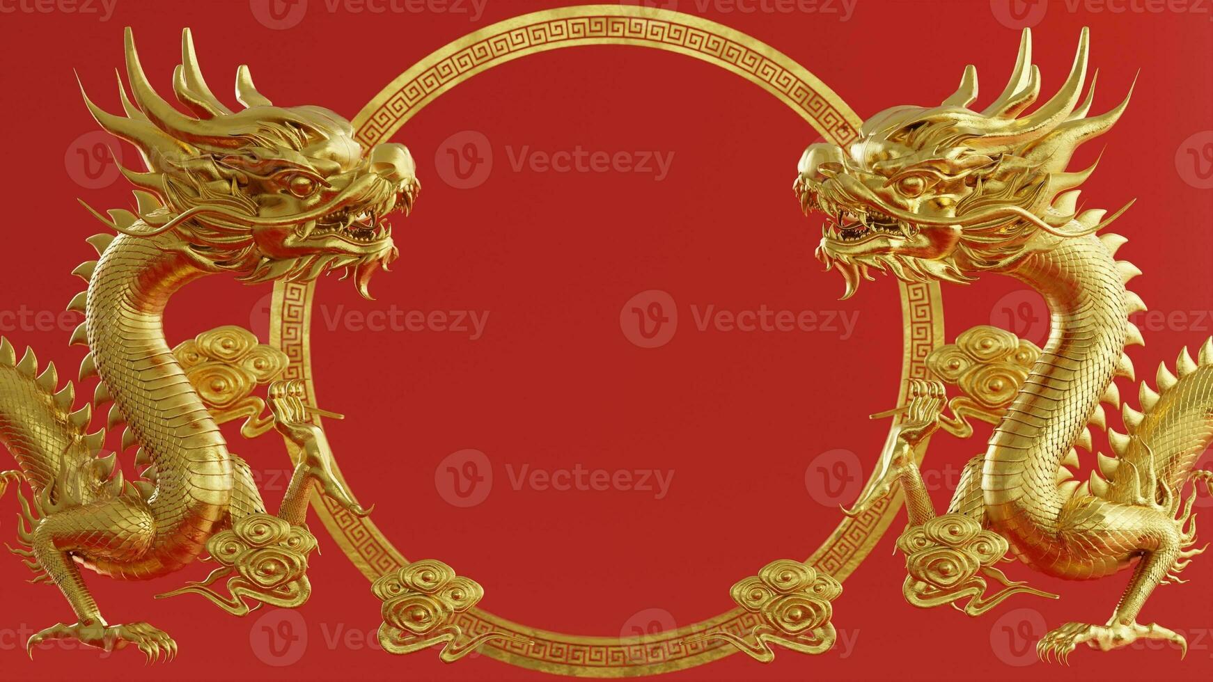 3d rendering illustration background for happy chinese new year 2024 the dragon zodiac sign with red and gold color, flower, lantern, and asian elements. photo