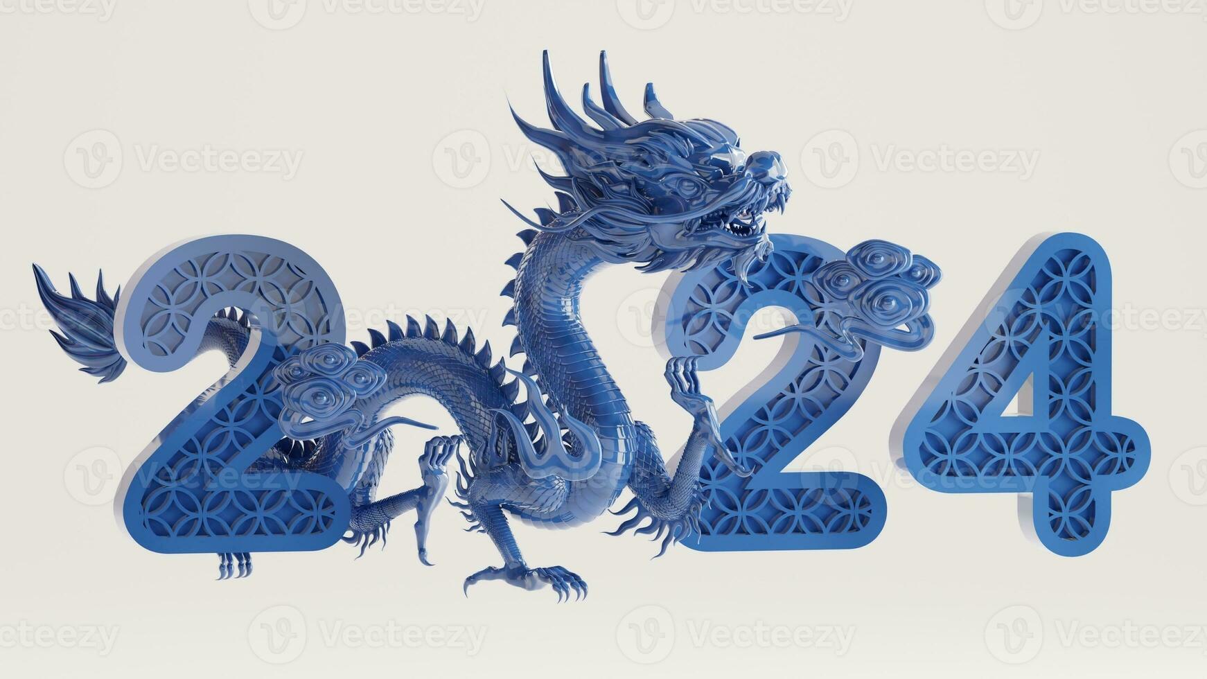 3d rendering illustration for happy chinese new year 2024 the dragon zodiac sign with flower, lantern, asian elements, red and gold on background. photo