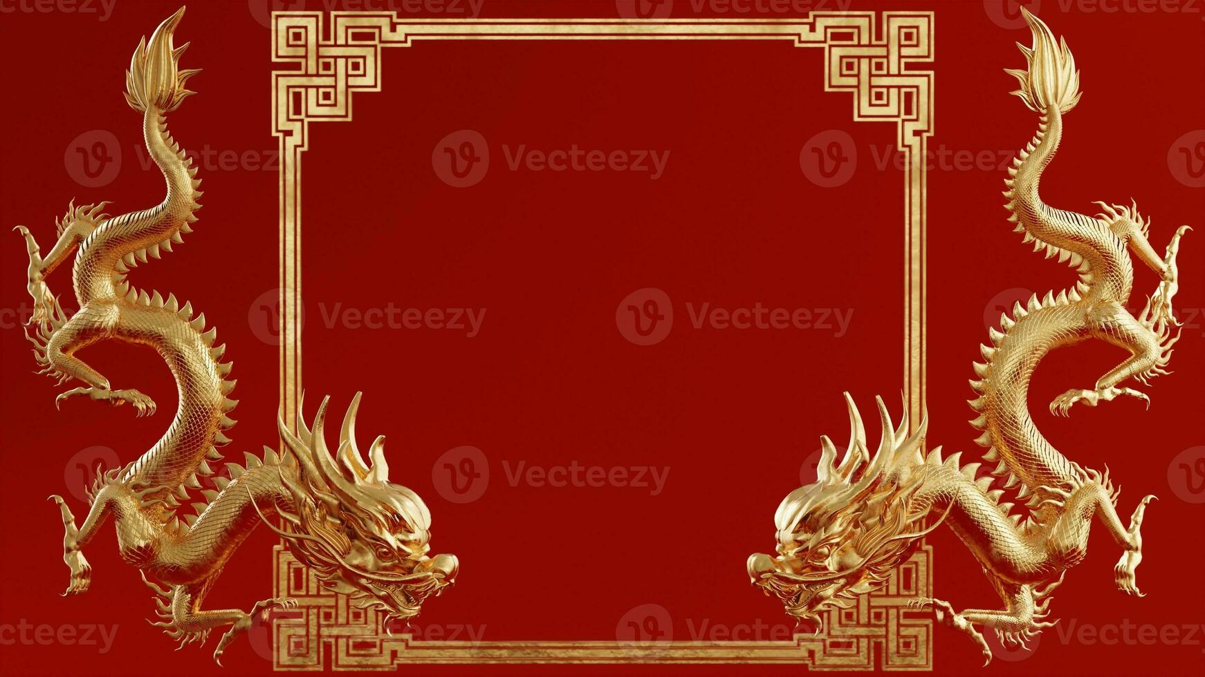 3d rendering illustration background for happy chinese new year 2024 the dragon zodiac sign with red and gold color, flower, lantern, and asian elements. photo