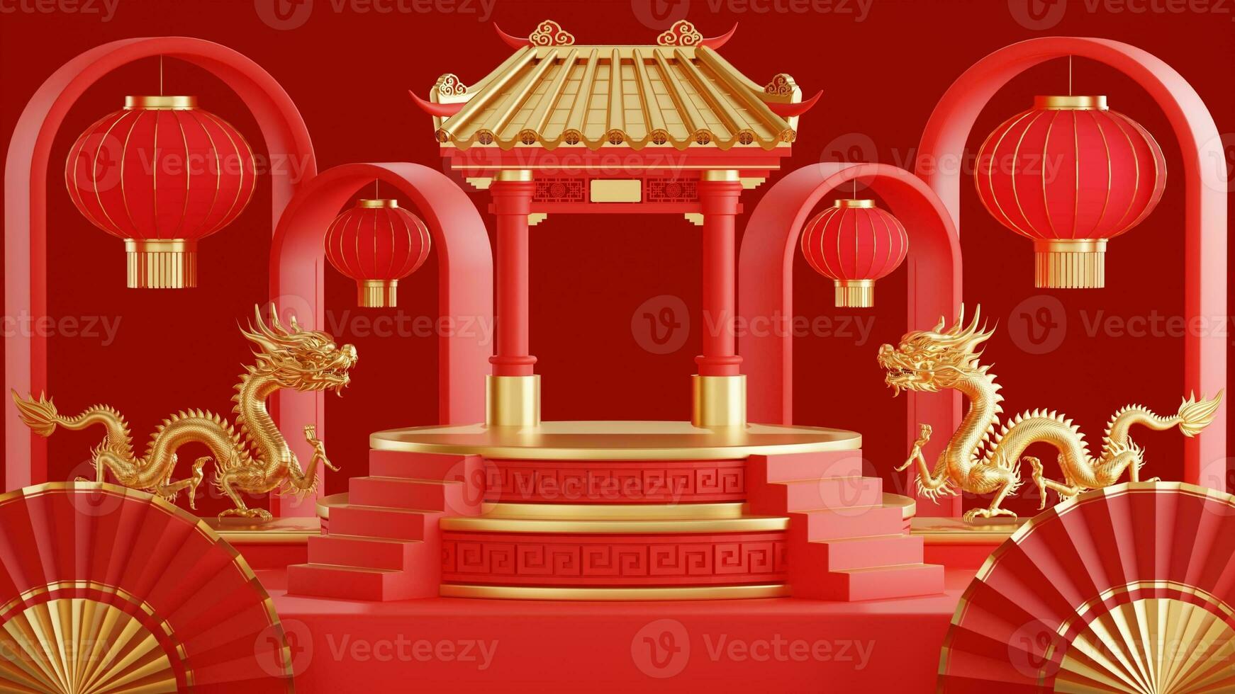 3d rendering illustration of podium round stage podium and paper art chinese new year, chinese festivals, mid autumn festival , red and gold ,flower and asian elements  on background. photo