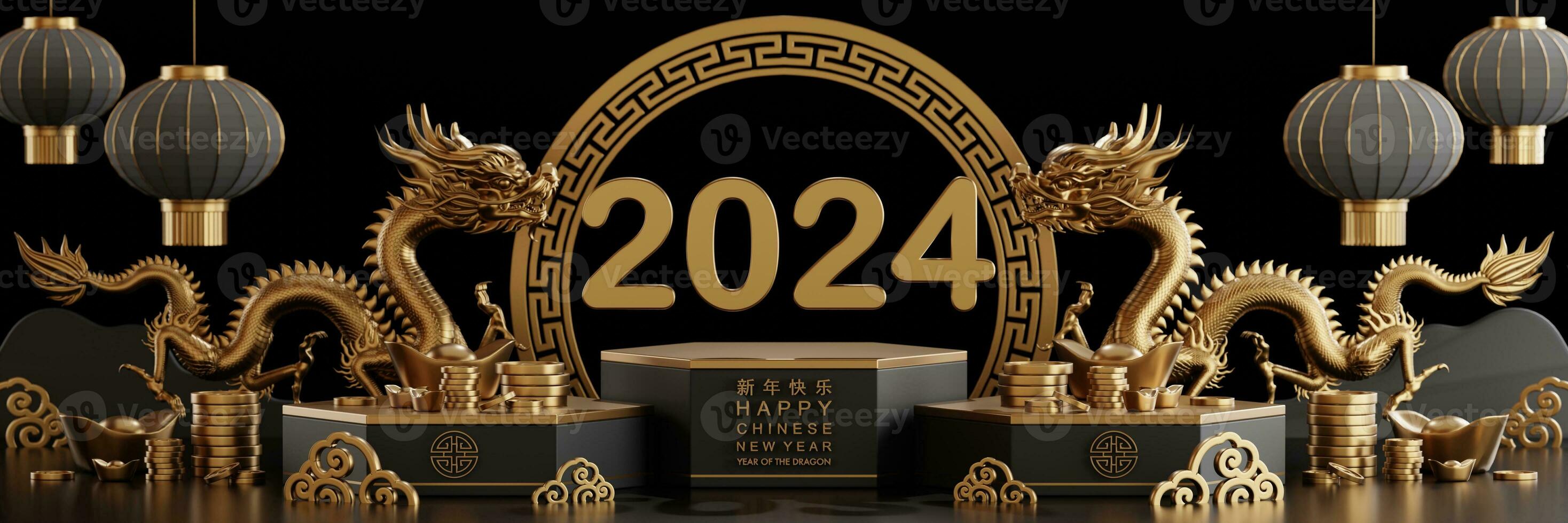 3d rendering illustration for happy chinese new year 2024 the dragon zodiac sign with flower, lantern, asian elements, red and gold on background. photo