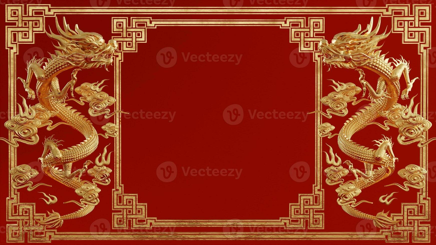 3d rendering illustration background for happy chinese new year 2024 the dragon zodiac sign with red and gold color, flower, lantern, and asian elements. photo