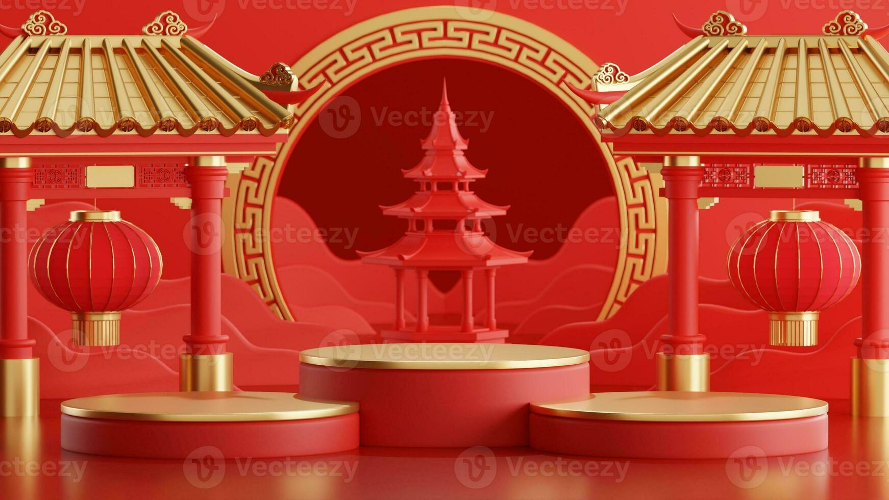 3d rendering illustration of podium round stage podium and paper art chinese new year, chinese festivals, mid autumn festival , red and gold ,flower and asian elements  on background. photo