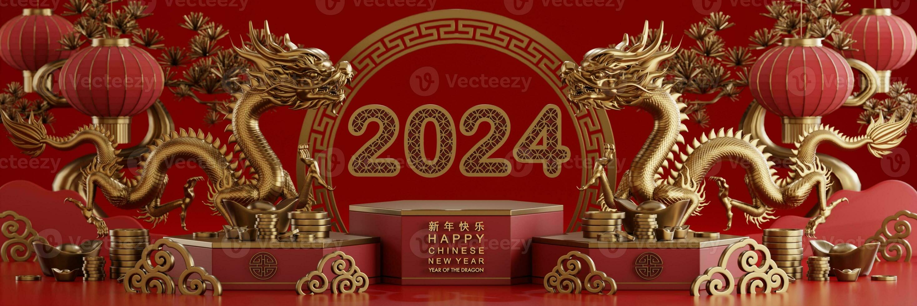 3d rendering illustration for happy chinese new year 2024 the dragon zodiac sign with flower, lantern, asian elements, red and gold on background. photo