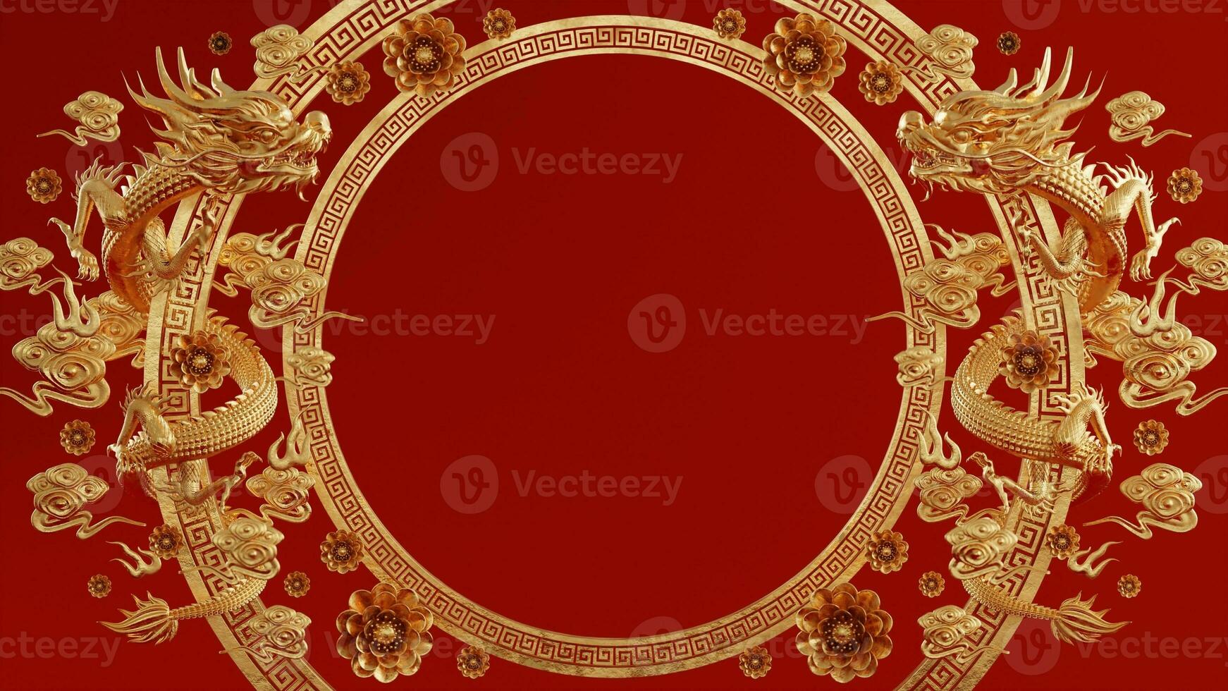 3d rendering illustration background for happy chinese new year 2024 the dragon zodiac sign with red and gold color, flower, lantern, and asian elements. photo