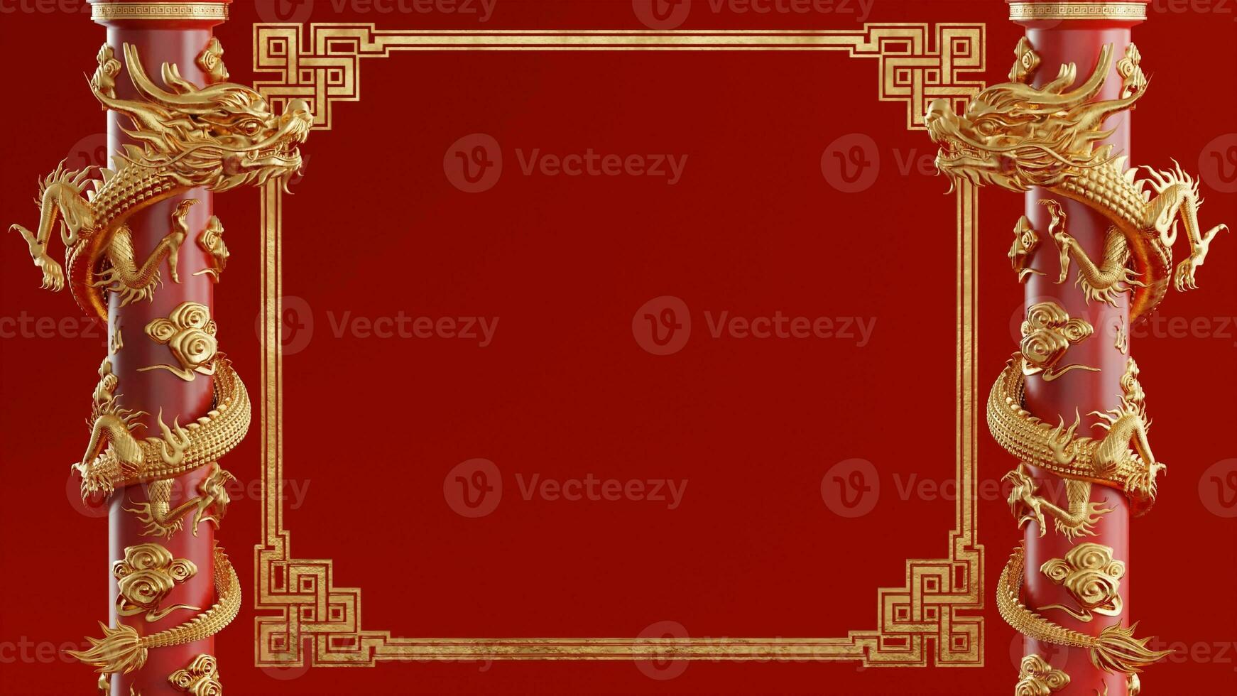 3d rendering illustration background for happy chinese new year 2024 the dragon zodiac sign with red and gold color, flower, lantern, and asian elements. photo