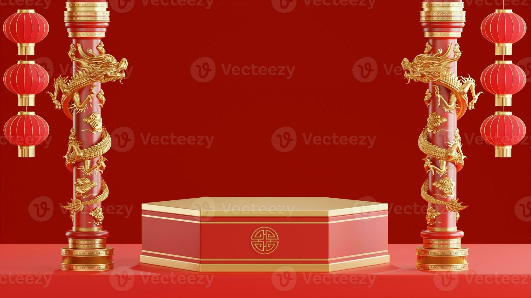 3d rendering illustration of podium round stage podium and paper art chinese new year, chinese festivals, mid autumn festival , red and gold ,flower and asian elements  on background. photo