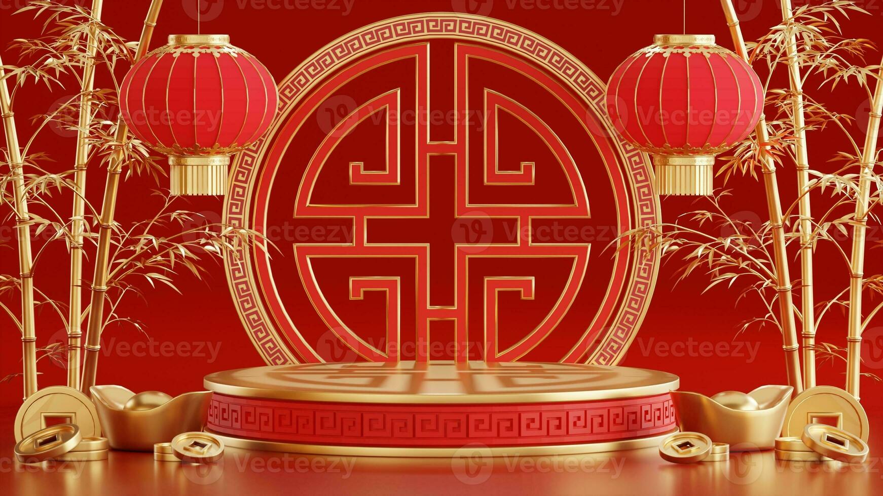 3d rendering illustration of podium round stage podium and paper art chinese new year, chinese festivals, mid autumn festival , red and gold ,flower and asian elements  on background. photo