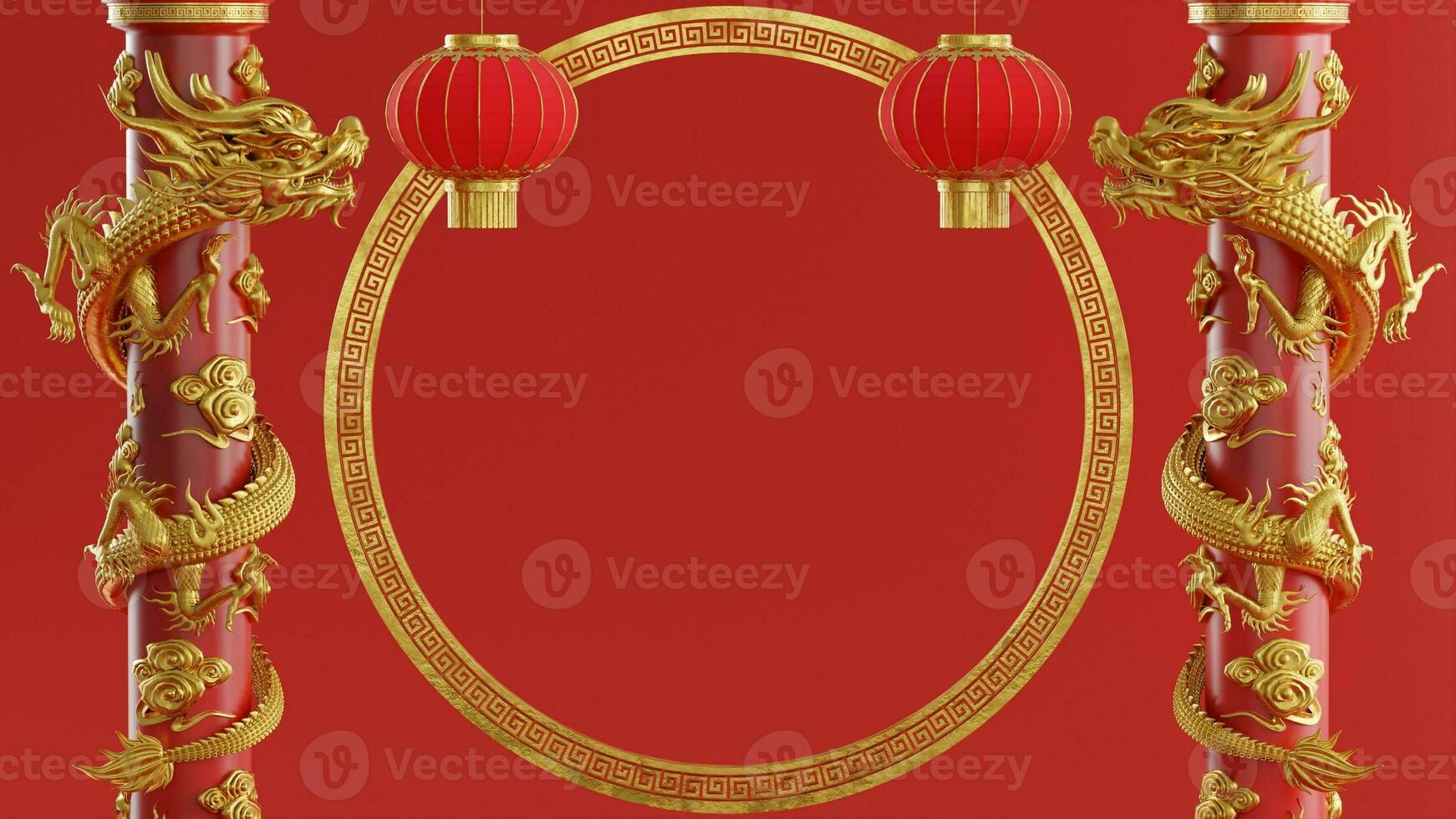 3d rendering illustration background for happy chinese new year 2024 the dragon zodiac sign with red and gold color, flower, lantern, and asian elements. photo