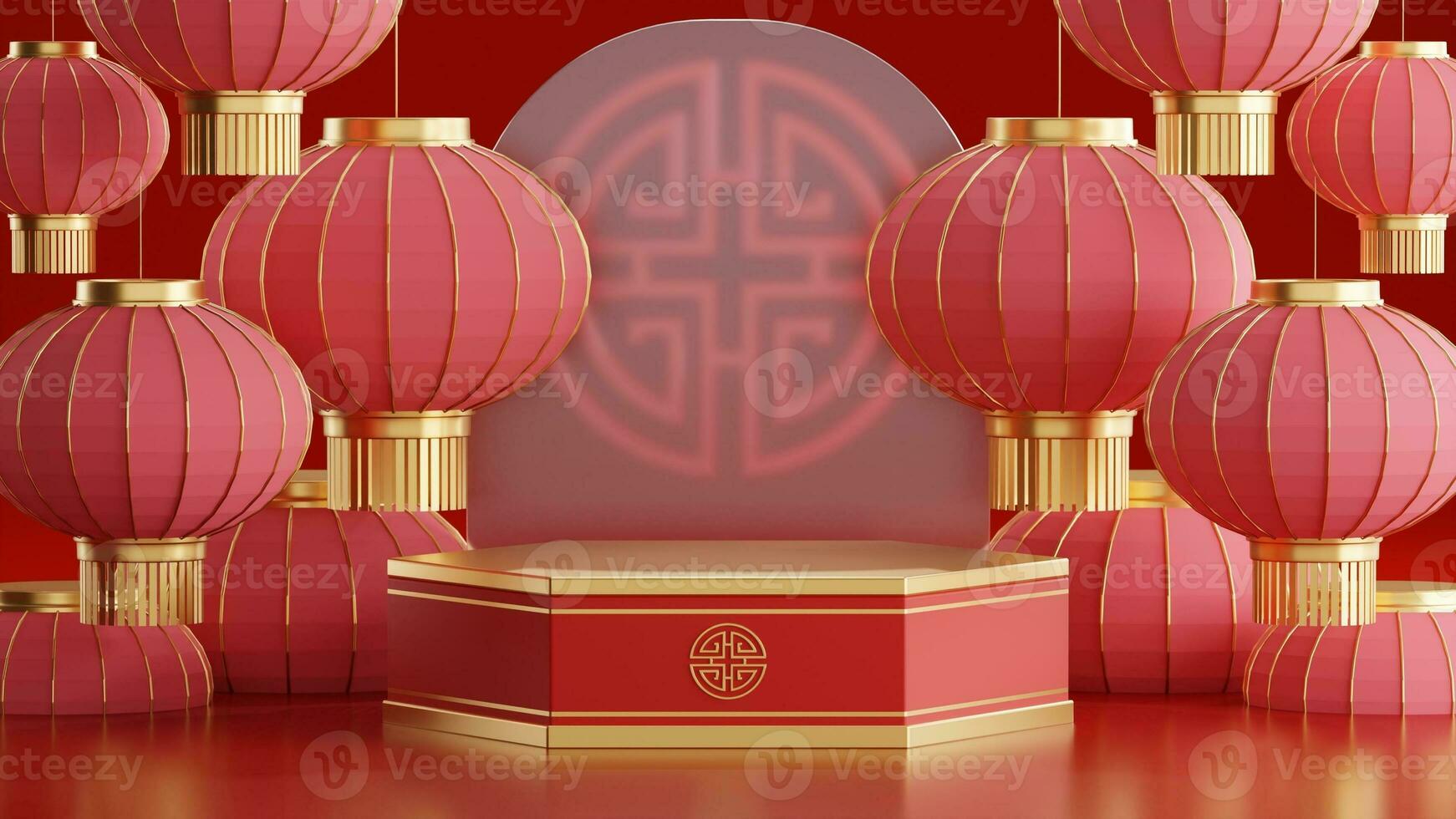 3d rendering illustration of podium round stage podium and paper art chinese new year, chinese festivals, mid autumn festival , red and gold ,flower and asian elements  on background. photo