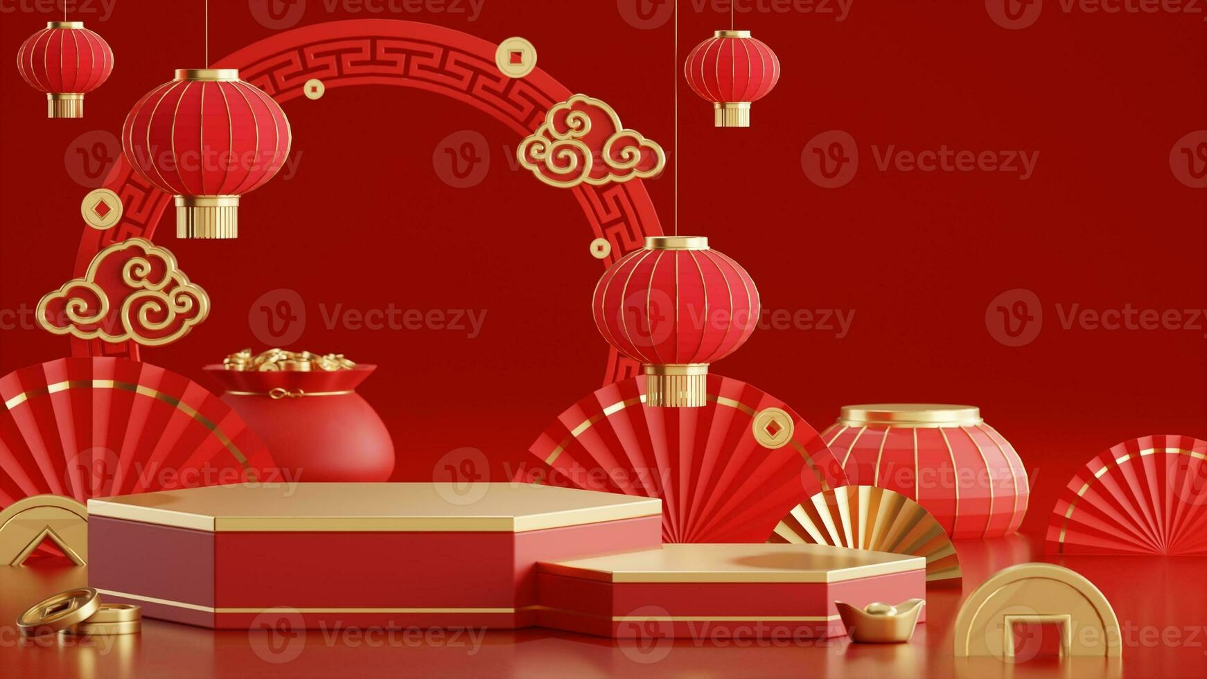 3d rendering illustration of podium round stage podium and paper art chinese new year, chinese festivals, mid autumn festival , red and gold ,flower and asian elements  on background. photo
