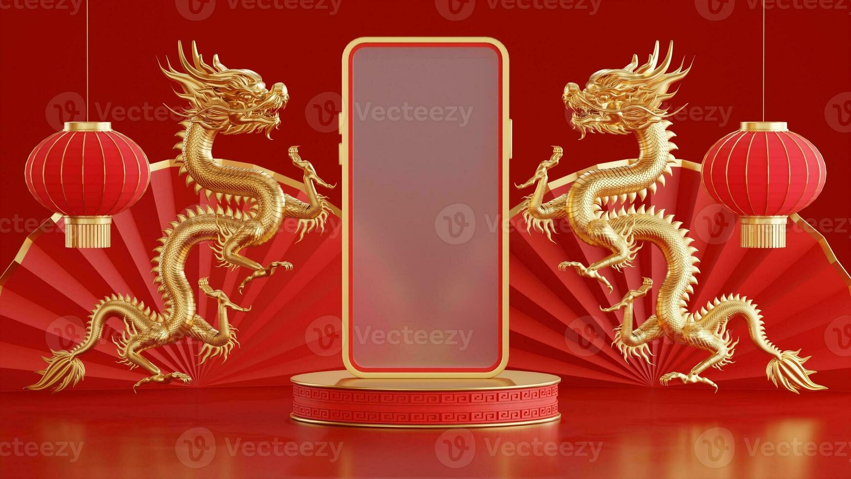 3d rendering illustration of podium round stage podium and paper art chinese new year, chinese festivals, mid autumn festival , red and gold ,flower and asian elements  on background. photo