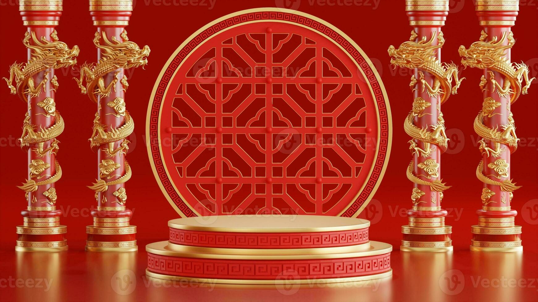 3d rendering illustration of podium round stage podium and paper art chinese new year, chinese festivals, mid autumn festival , red and gold ,flower and asian elements  on background. photo