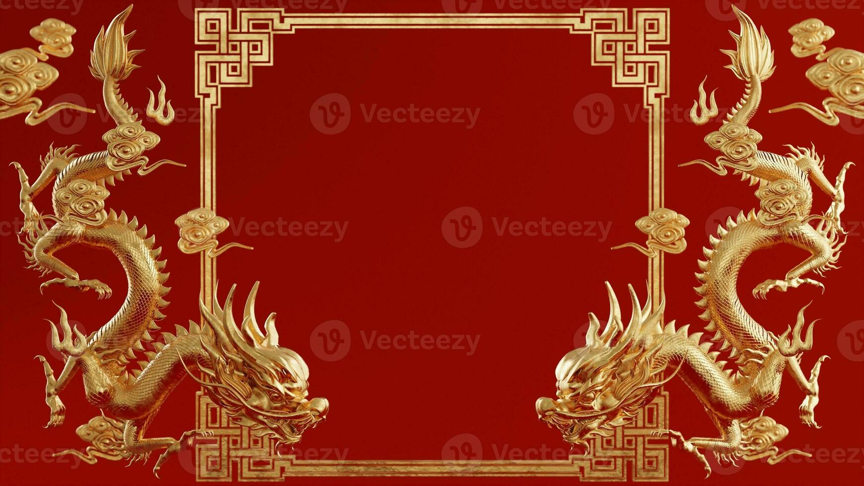 3d rendering illustration background for happy chinese new year 2024 the dragon zodiac sign with red and gold color, flower, lantern, and asian elements. photo