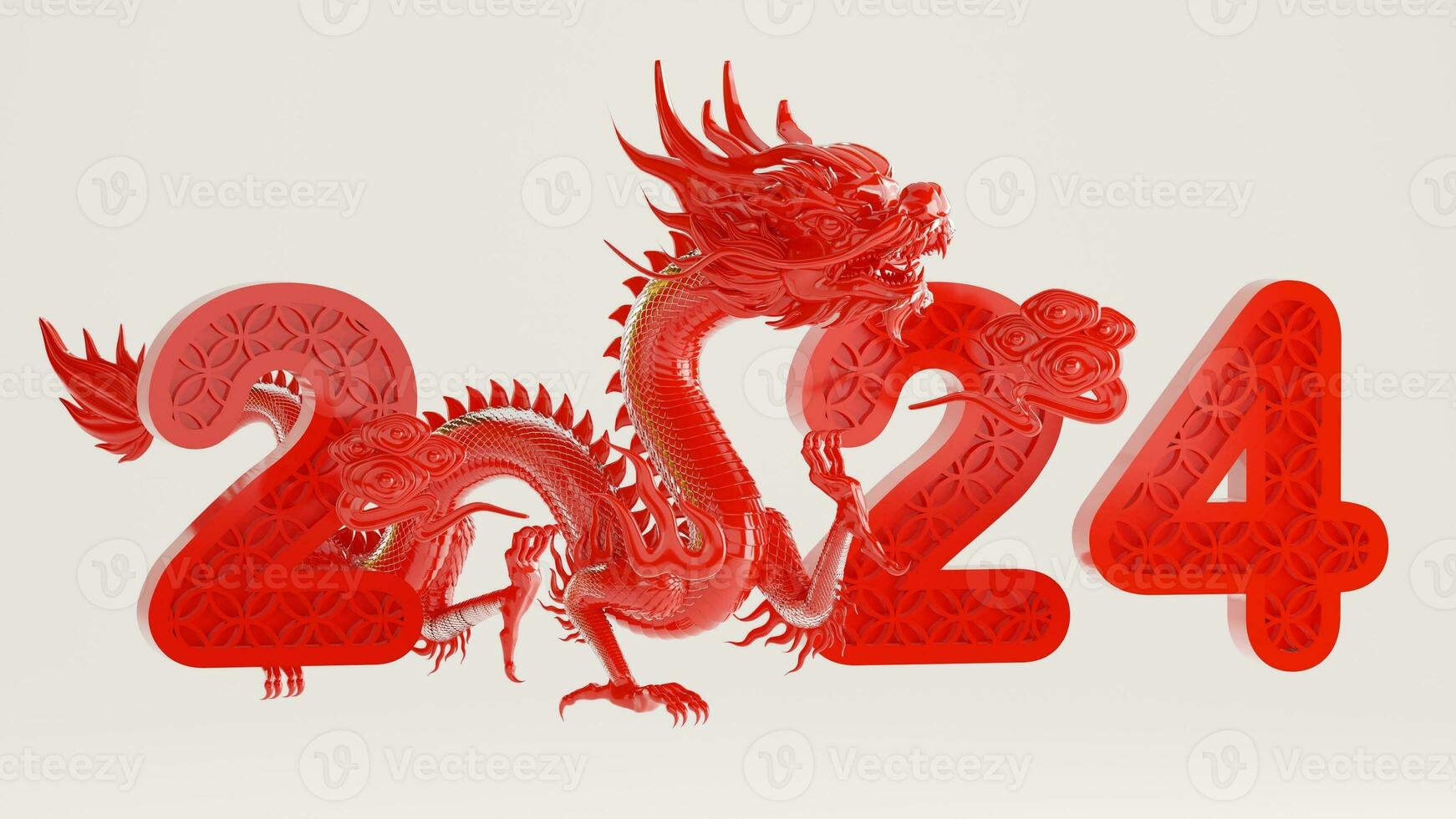 3d rendering illustration for happy chinese new year 2024 the dragon zodiac sign with flower, lantern, asian elements, red and gold on background. photo