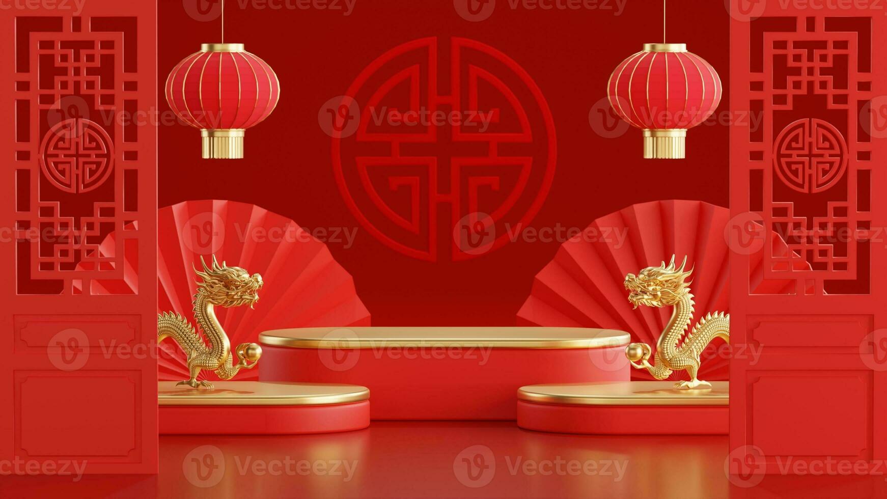 3d rendering illustration of podium round stage podium and paper art chinese new year, chinese festivals, mid autumn festival , red and gold ,flower and asian elements  on background. photo