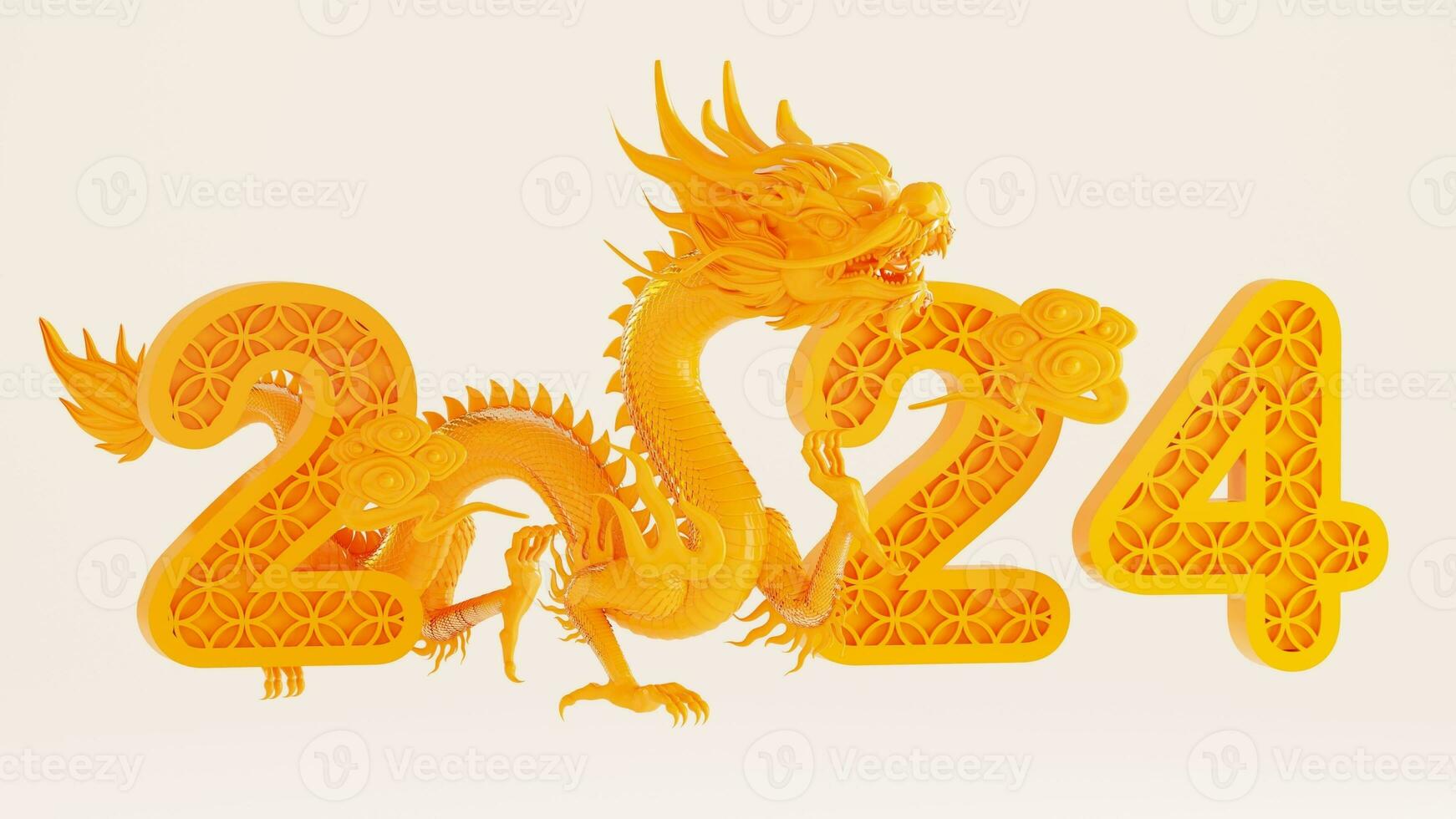 3d rendering illustration for happy chinese new year 2024 the dragon zodiac sign with flower, lantern, asian elements, red and gold on background. photo