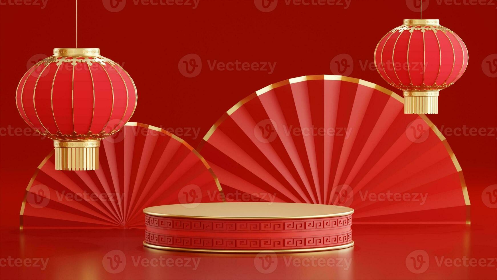 3d rendering illustration of podium round stage podium and paper art chinese new year, chinese festivals, mid autumn festival , red and gold ,flower and asian elements  on background. photo