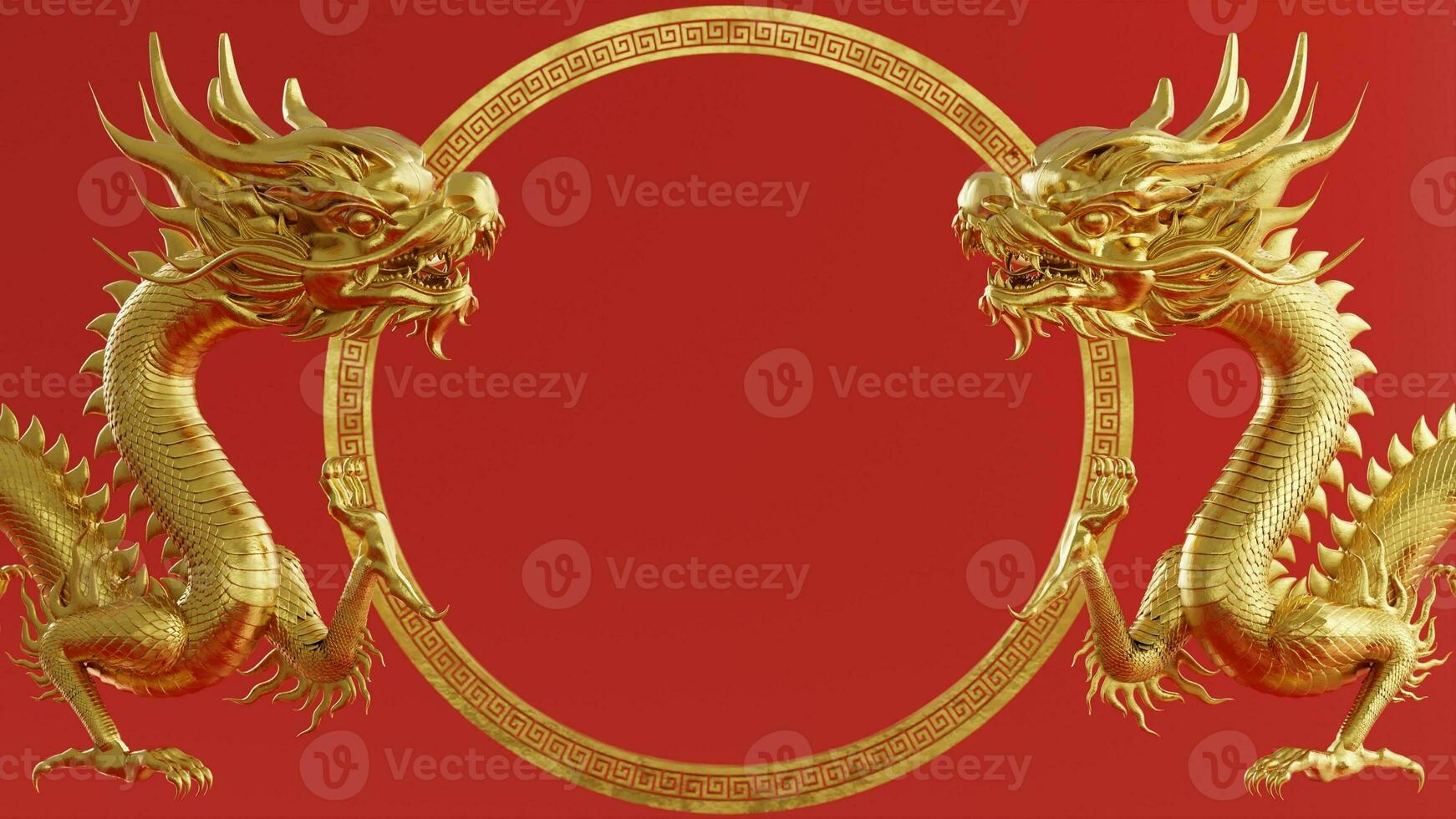 3d rendering illustration background for happy chinese new year 2024 the dragon zodiac sign with red and gold color, flower, lantern, and asian elements. photo