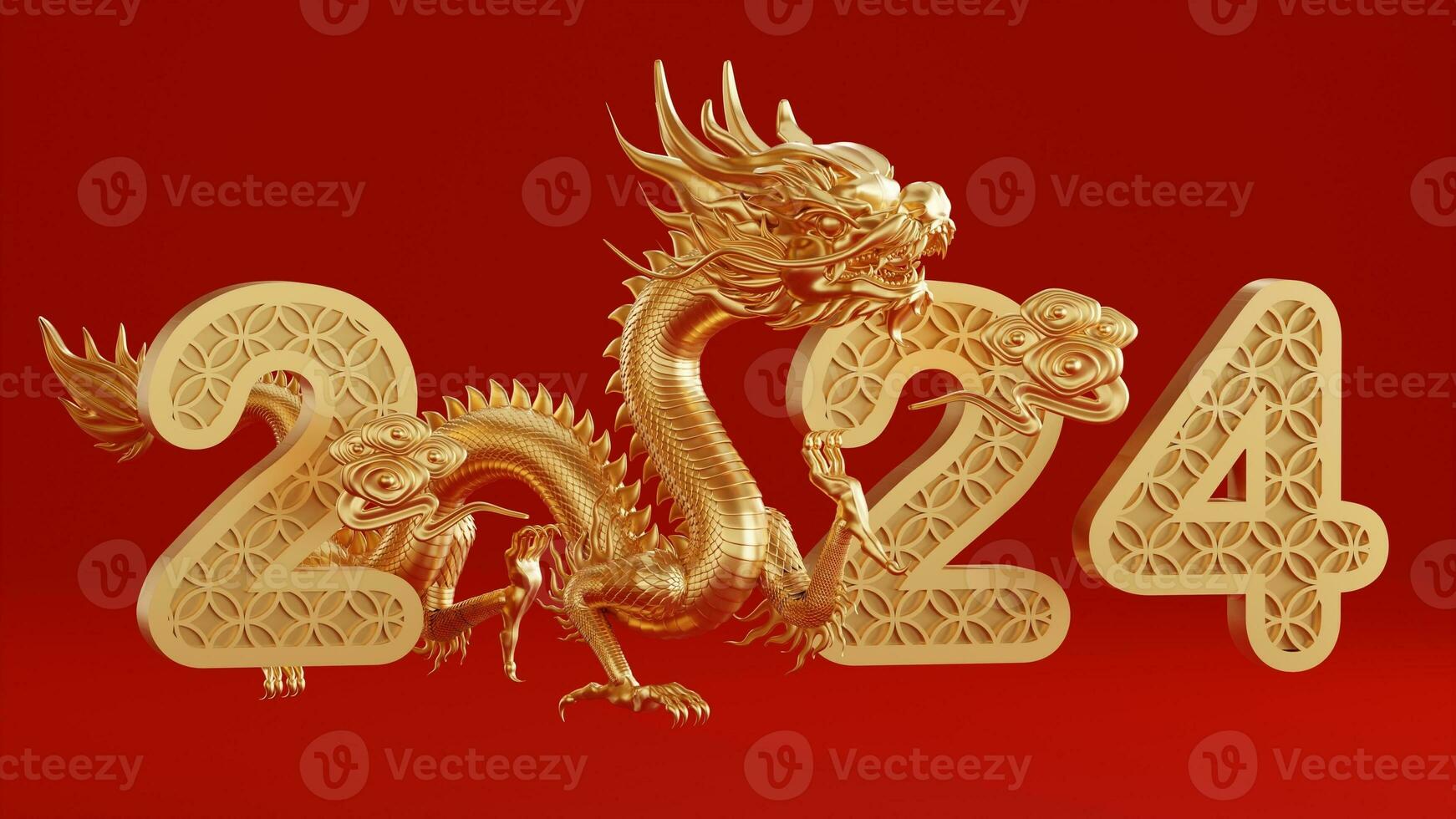 3d rendering illustration for happy chinese new year 2024 the dragon zodiac sign with flower, lantern, asian elements, red and gold on background. photo