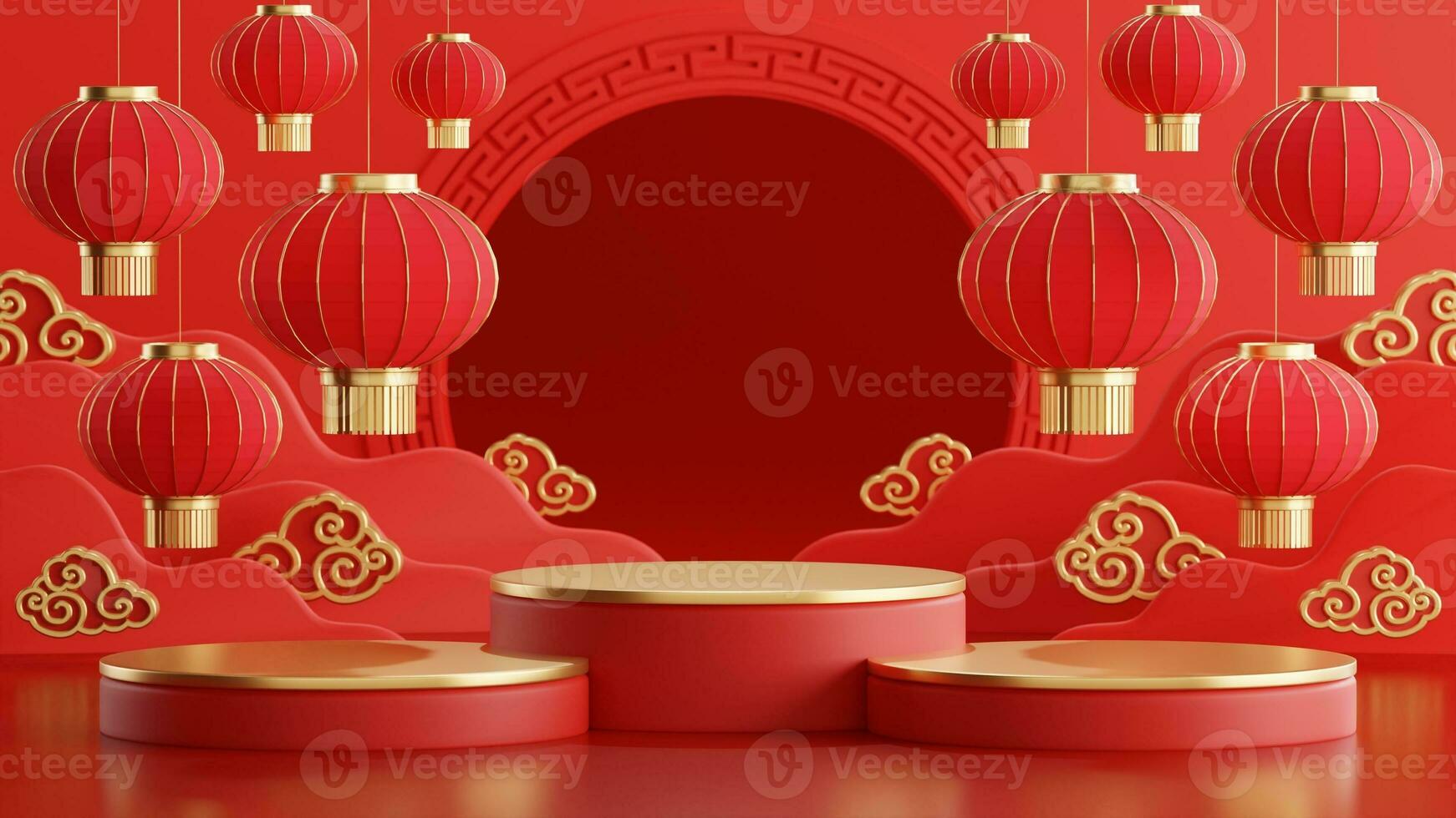 3d rendering illustration of podium round stage podium and paper art chinese new year, chinese festivals, mid autumn festival , red and gold ,flower and asian elements  on background. photo
