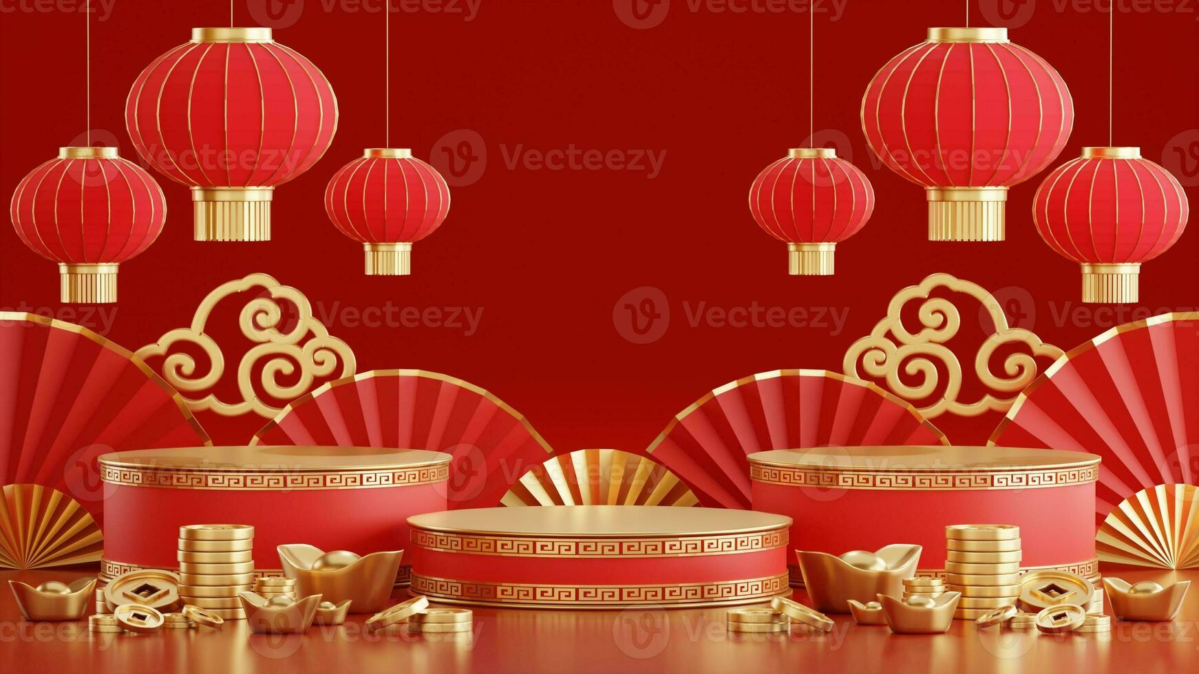 3d rendering illustration of podium round stage podium and paper art chinese new year, chinese festivals, mid autumn festival , red and gold ,flower and asian elements  on background. photo