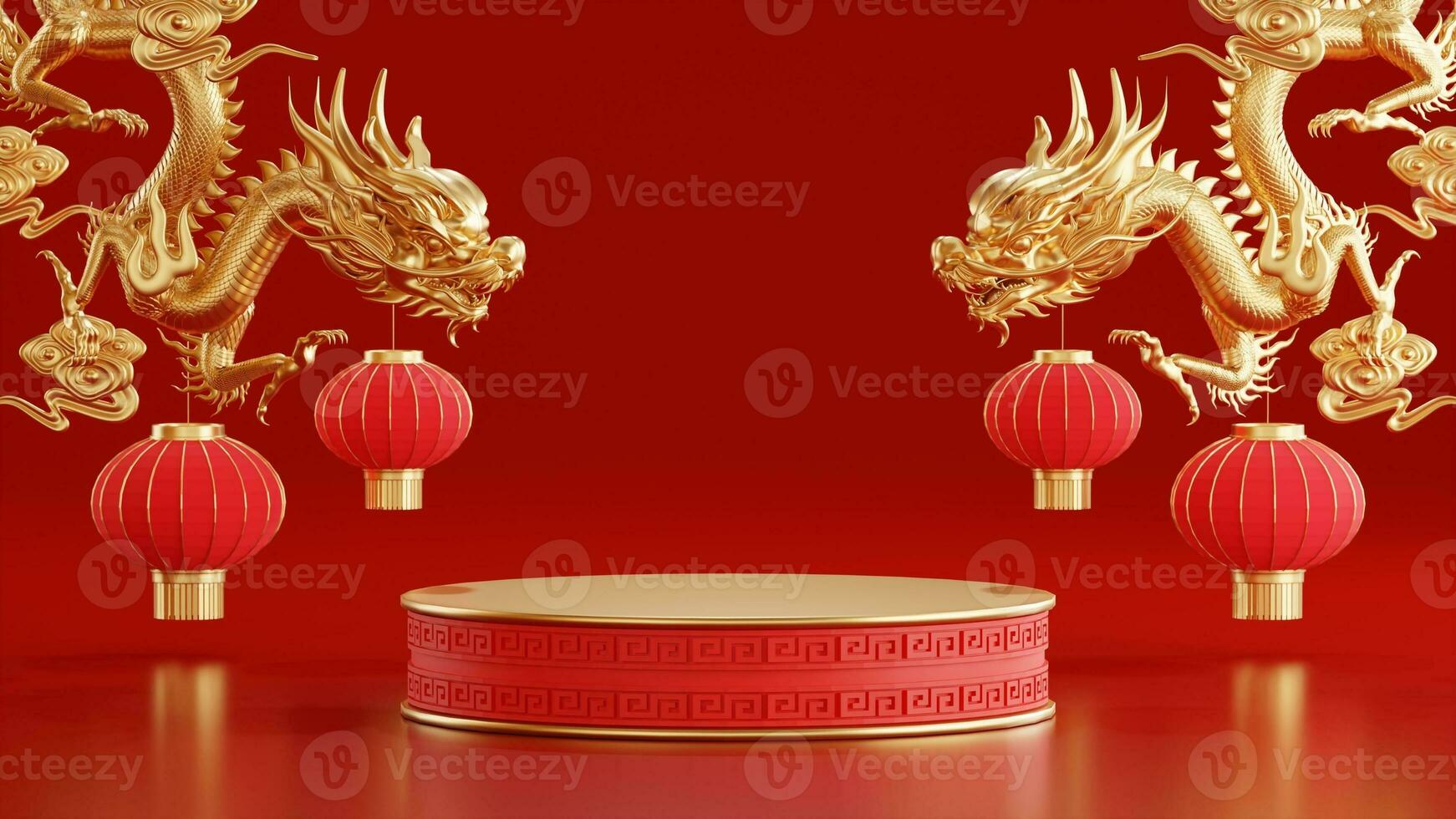 3d rendering illustration of podium round stage podium and paper art chinese new year, chinese festivals, mid autumn festival , red and gold ,flower and asian elements  on background. photo